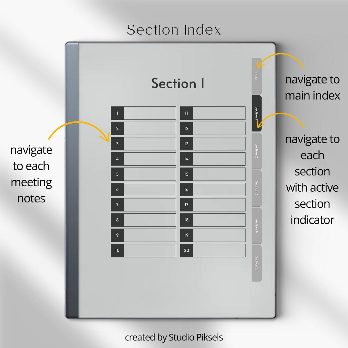 Meeting Minutes Notebook Bundle PDF for reMarkable 2 and Paper Pure with grayscale meeting pages, clickable navigation, and structured note templates