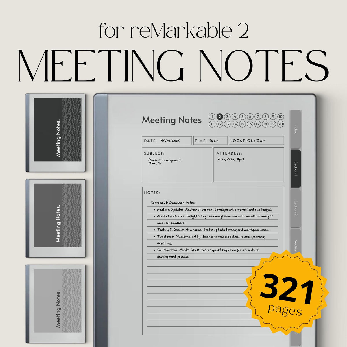 Meeting Minutes Notebook Bundle PDF for reMarkable 2 and Paper Pure with grayscale meeting pages, clickable navigation, and structured note templates