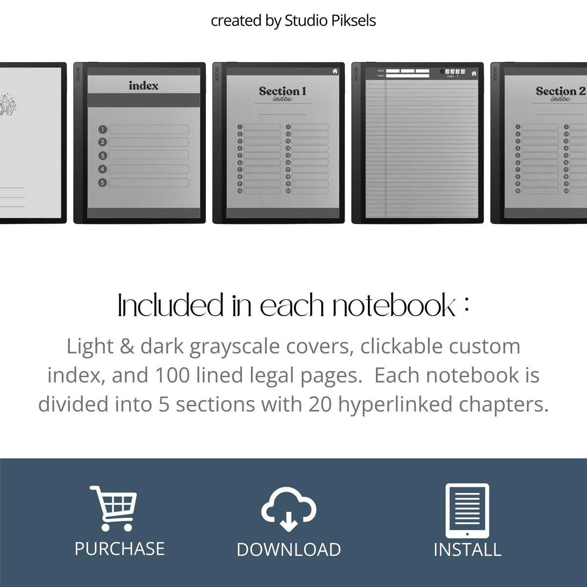 Legal Pad Notebook Bundle for BOOX with hyperlinked digital notebooks, legal note pages, customizable indexes, and grayscale layouts for organization.