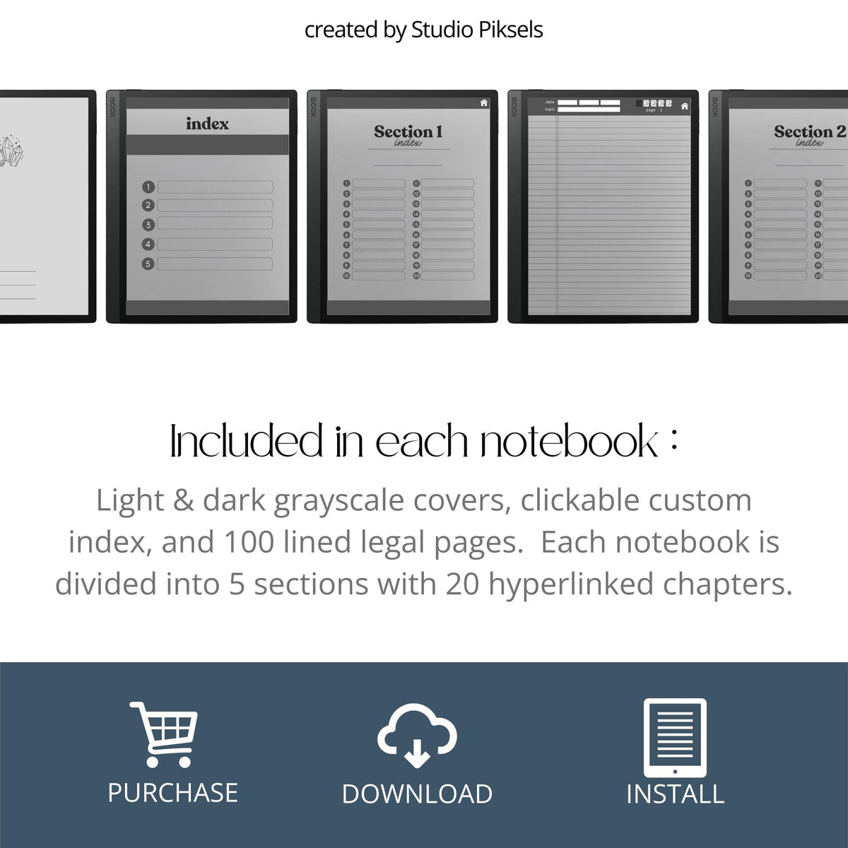 Legal Pad Notebook Bundle for BOOX with hyperlinked digital notebooks, legal pad note pages, and light and dark grayscale layouts.