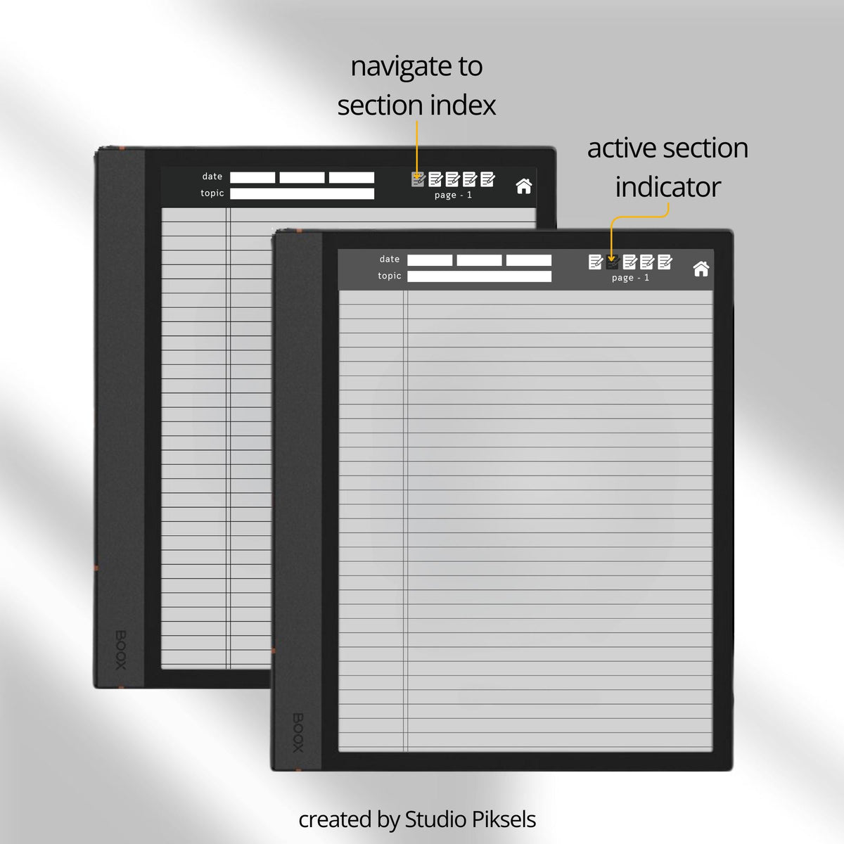 Legal Pad Notebook Bundle for BOOX with hyperlinked digital notebooks, legal pad note pages, and light and dark grayscale layouts.
