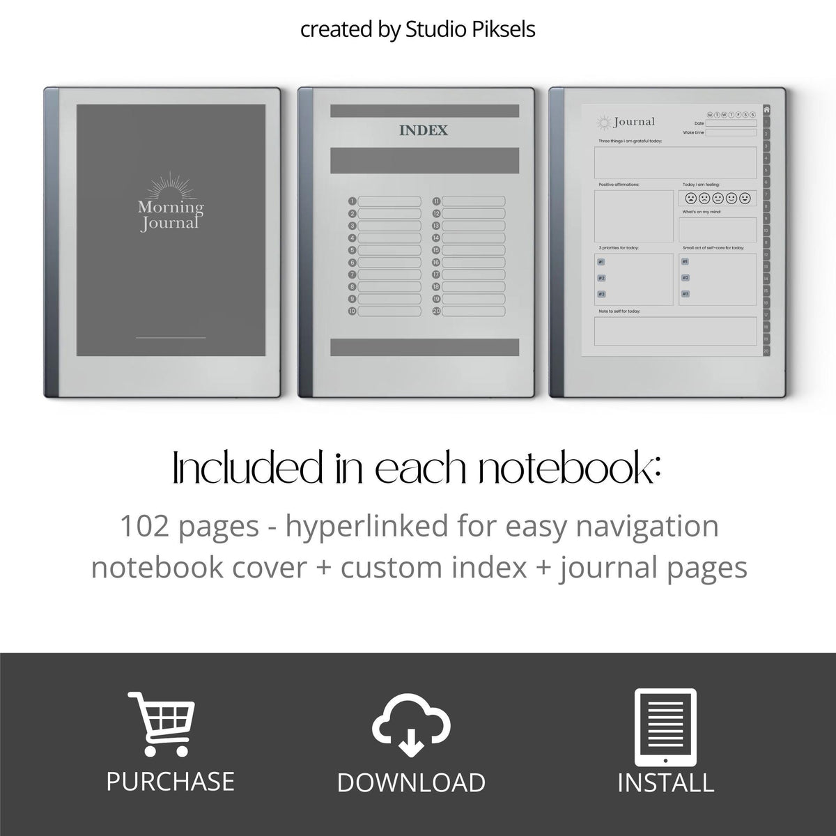 Morning Journal Bundle PDF for reMarkable 2 and Paper Pure with grayscale reflection pages, gratitude prompts, and hyperlinked navigation