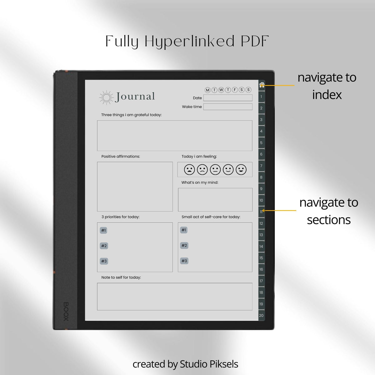 Morning Journal Bundle for BOOX with hyperlinked gratitude pages, mindfulness prompts, and grayscale digital journaling layouts.