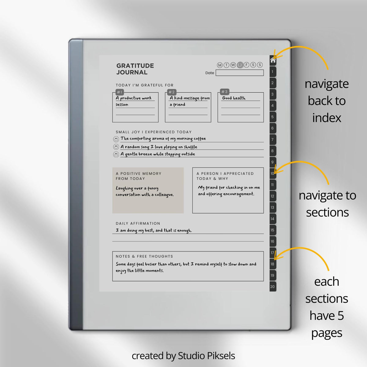 Gratitude Journal Bundle PDF for reMarkable 2 and Paper Pure with grayscale mindfulness pages, gratitude prompts, and hyperlinked navigation