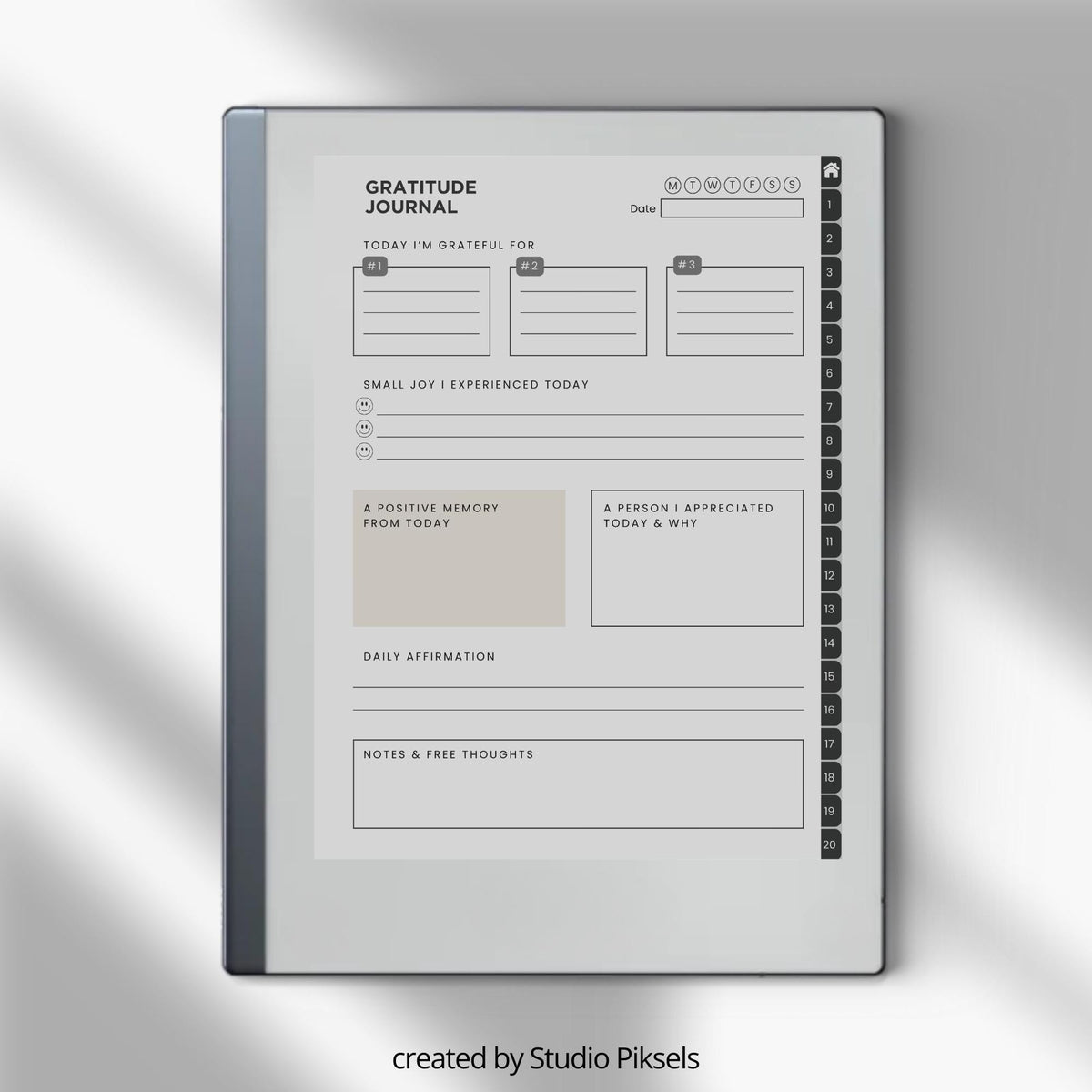 Gratitude Journal Bundle PDF for reMarkable 2 and Paper Pure with grayscale mindfulness pages, gratitude prompts, and hyperlinked navigation