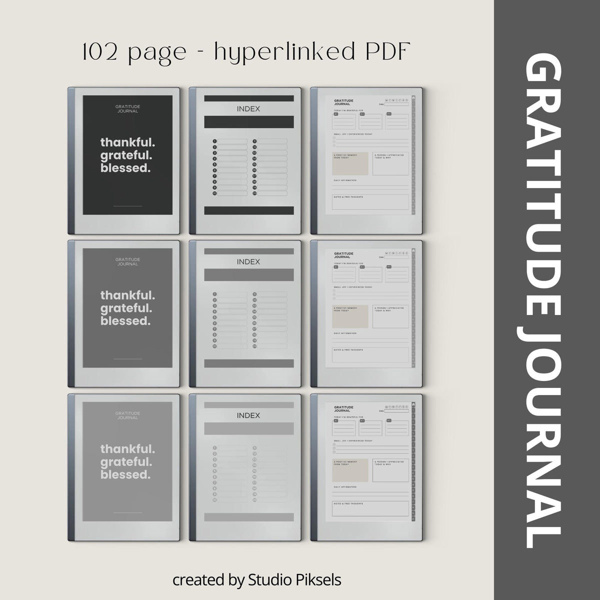 Gratitude Journal Bundle PDF for reMarkable 2 and Paper Pure with grayscale mindfulness pages, gratitude prompts, and hyperlinked navigation