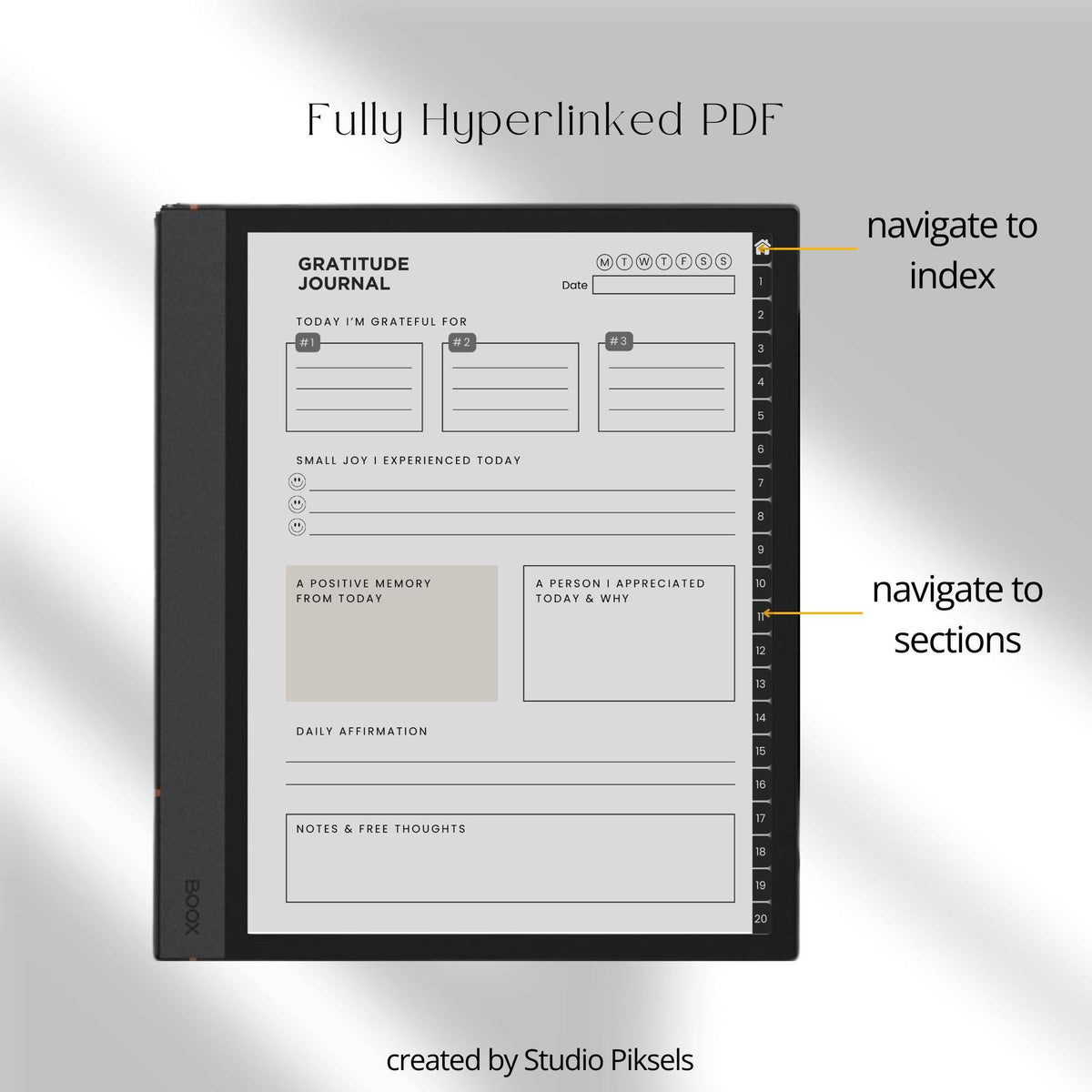 Gratitude Journal Bundle for BOOX with hyperlinked gratitude pages, mindfulness prompts, and grayscale digital reflection journals.