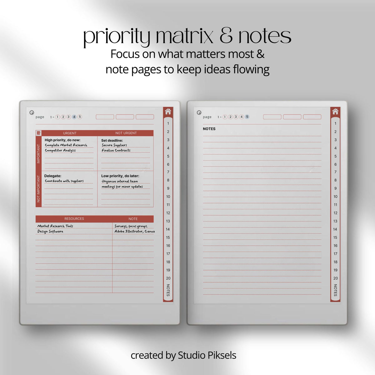 Project Planner for reMarkable Paper Pro with hyperlinked workflow pages, Kanban boards, Eisenhower Matrix layouts, timeline planners, and digital productivity tools.