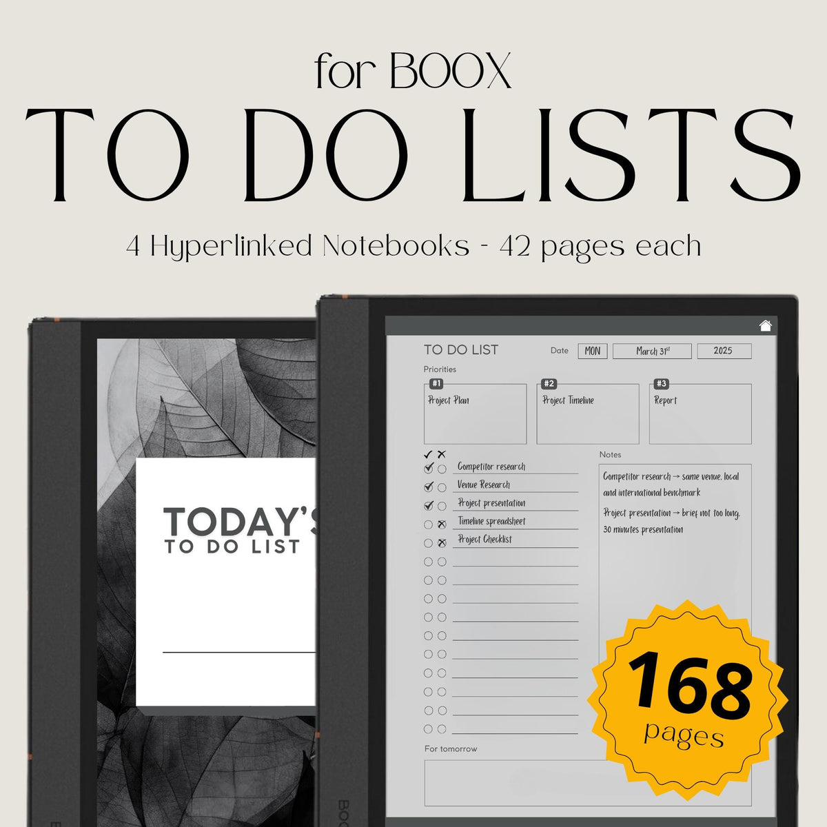To Do List Bundle for BOOX with hyperlinked task planning pages, productivity layouts, and monochrome digital notebook designs.
