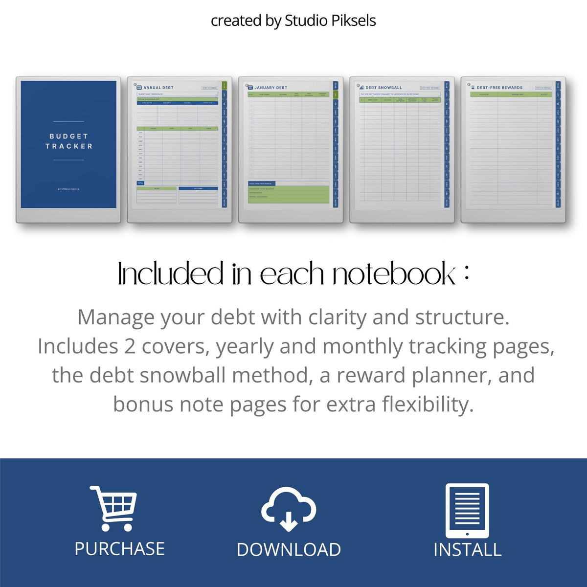 Debt Tracker for reMarkable Paper Pro structured digital finance planner with hyperlinked pages for tracking debt payments, balances, and progress. Includes budget planning layouts, debt snowball tracker, and organized sections for financial management and repayment planning.