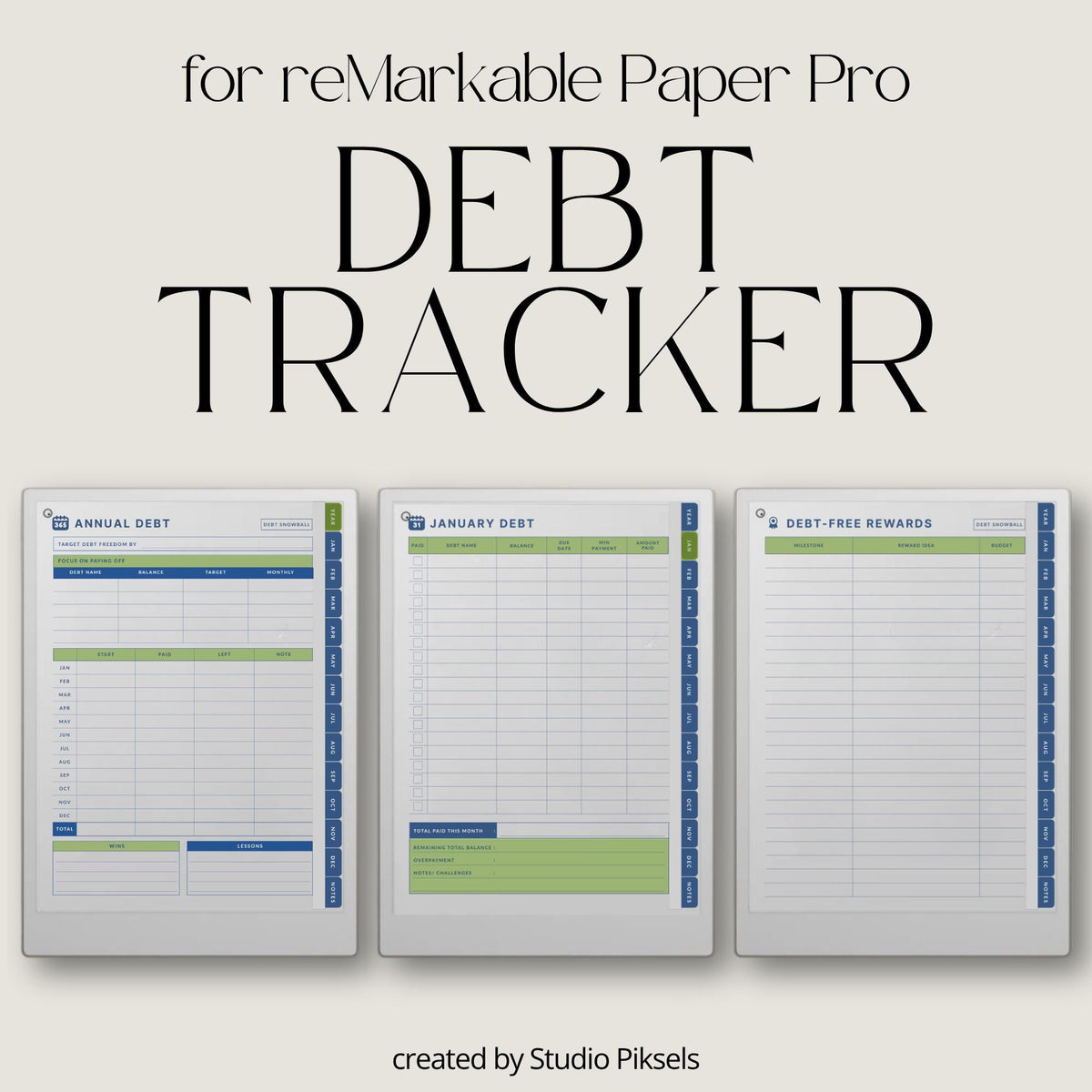 Debt Tracker for reMarkable Paper Pro structured digital finance planner with hyperlinked pages for tracking debt payments, balances, and progress. Includes budget planning layouts, debt snowball tracker, and organized sections for financial management and repayment planning.
