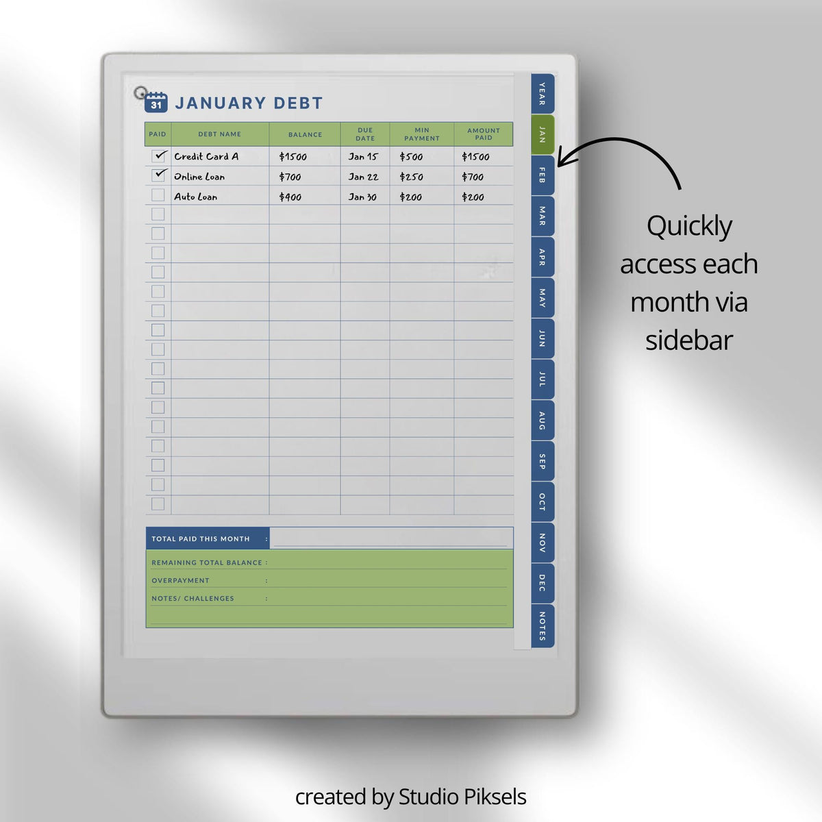 Debt Tracker for reMarkable Paper Pro structured digital finance planner with hyperlinked pages for tracking debt payments, balances, and progress. Includes budget planning layouts, debt snowball tracker, and organized sections for financial management and repayment planning.