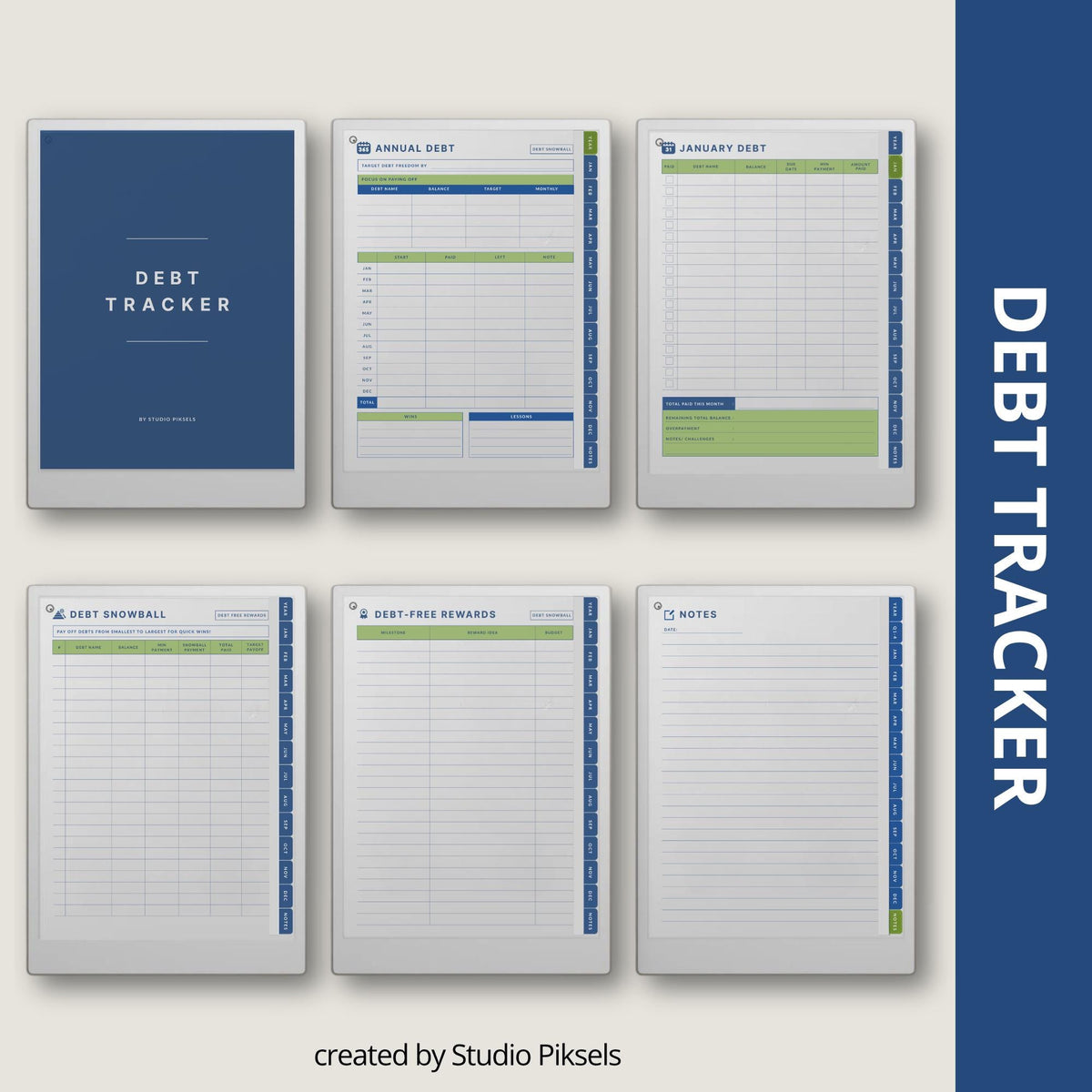 Debt Tracker for reMarkable Paper Pro structured digital finance planner with hyperlinked pages for tracking debt payments, balances, and progress. Includes budget planning layouts, debt snowball tracker, and organized sections for financial management and repayment planning.