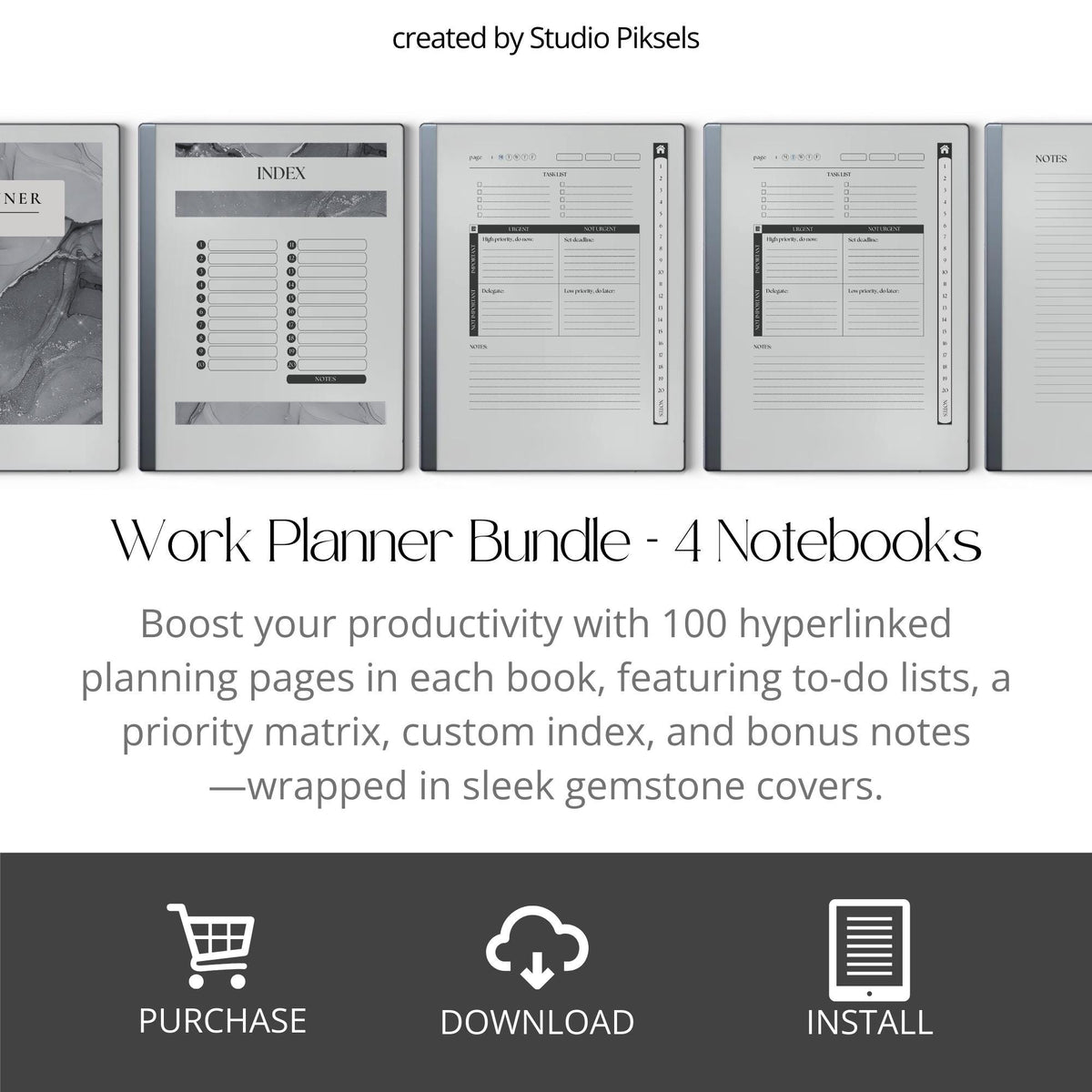 Digital Work Planner for reMarkable 2 with Eisenhower Matrix planning pages, task management layouts, project planner sections, to do lists, notes pages, and hyperlinked PDF navigation.