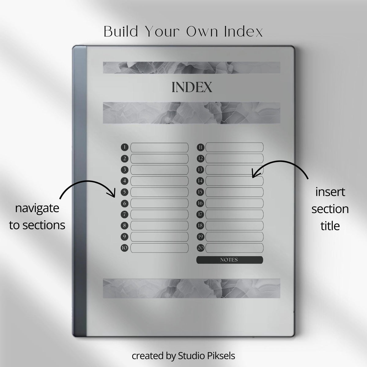 Digital Work Planner for reMarkable 2 with Eisenhower Matrix planning pages, task management layouts, project planner sections, to do lists, notes pages, and hyperlinked PDF navigation.