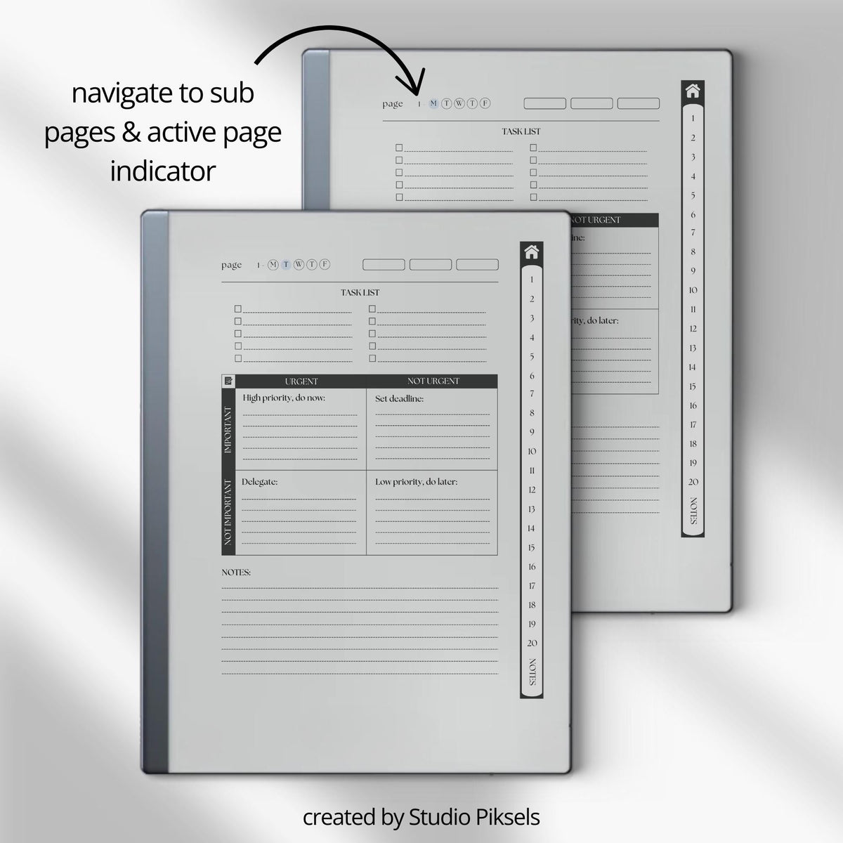 Digital Work Planner for reMarkable 2 with Eisenhower Matrix planning pages, task management layouts, project planner sections, to do lists, notes pages, and hyperlinked PDF navigation.
