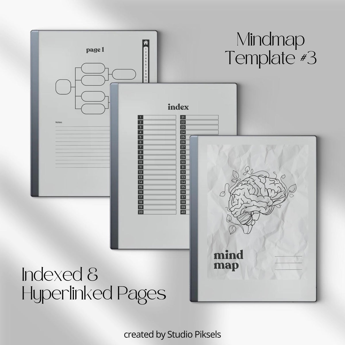 Mind Map Bundle for reMarkable 2 and reMarkable Paper Pure featuring hyperlinked brainstorming notebooks with reusable mind mapping layouts and lined notes sections