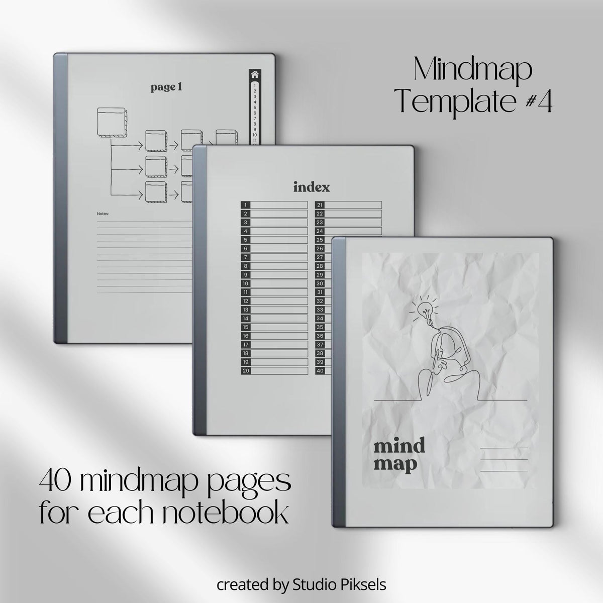 Mind Map Bundle for reMarkable 2 and reMarkable Paper Pure featuring hyperlinked brainstorming notebooks with reusable mind mapping layouts and lined notes sections