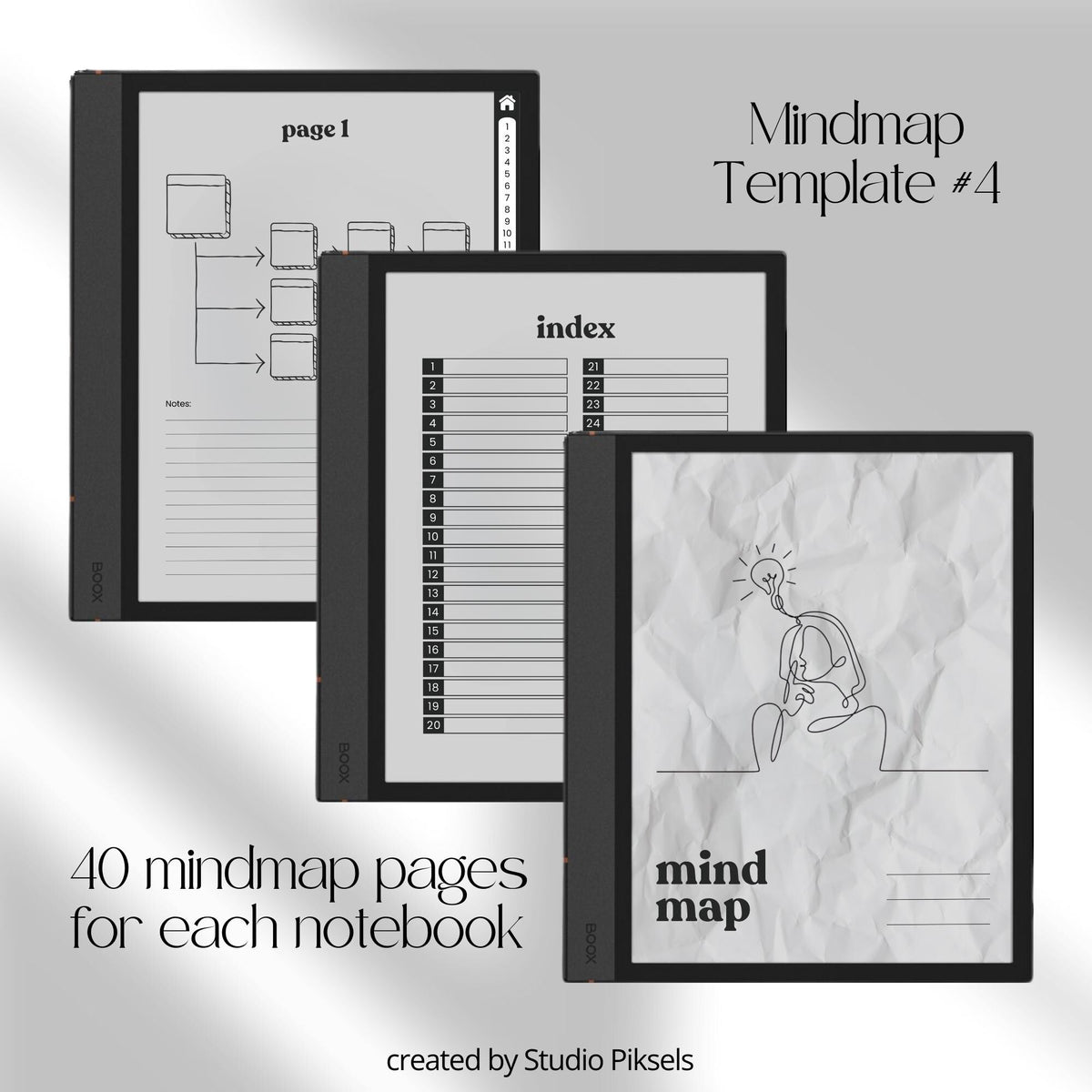 Mind Map Bundle for BOOX tablets with hyperlinked mind mapping pages, visual brainstorming layouts, and grayscale digital notebooks.