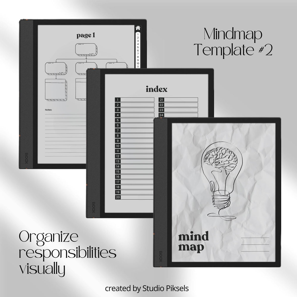 Mind Map Bundle for BOOX tablets with hyperlinked mind mapping pages, visual brainstorming layouts, and grayscale digital notebooks.