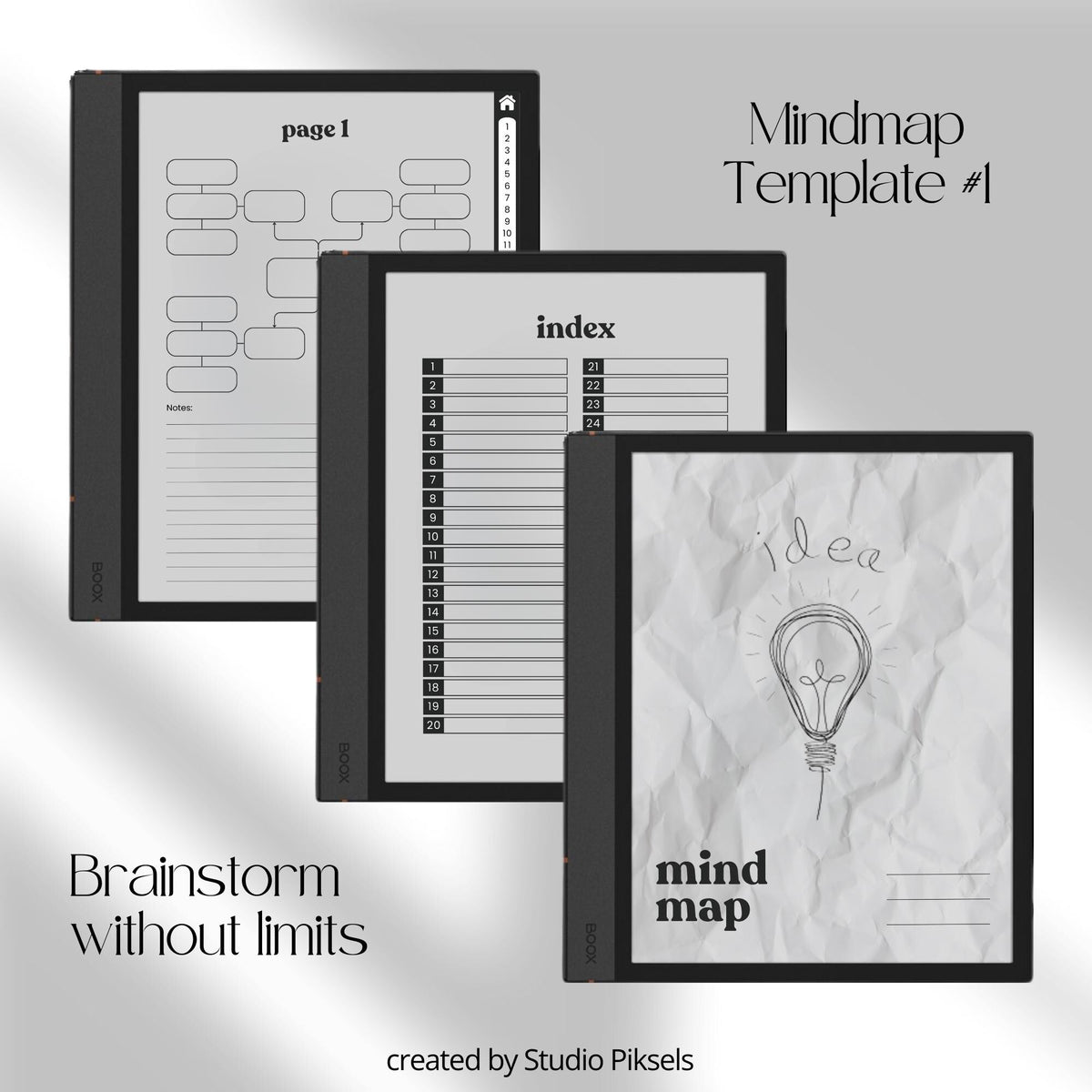 Mind Map Bundle for BOOX tablets with hyperlinked mind mapping pages, visual brainstorming layouts, and grayscale digital notebooks.
