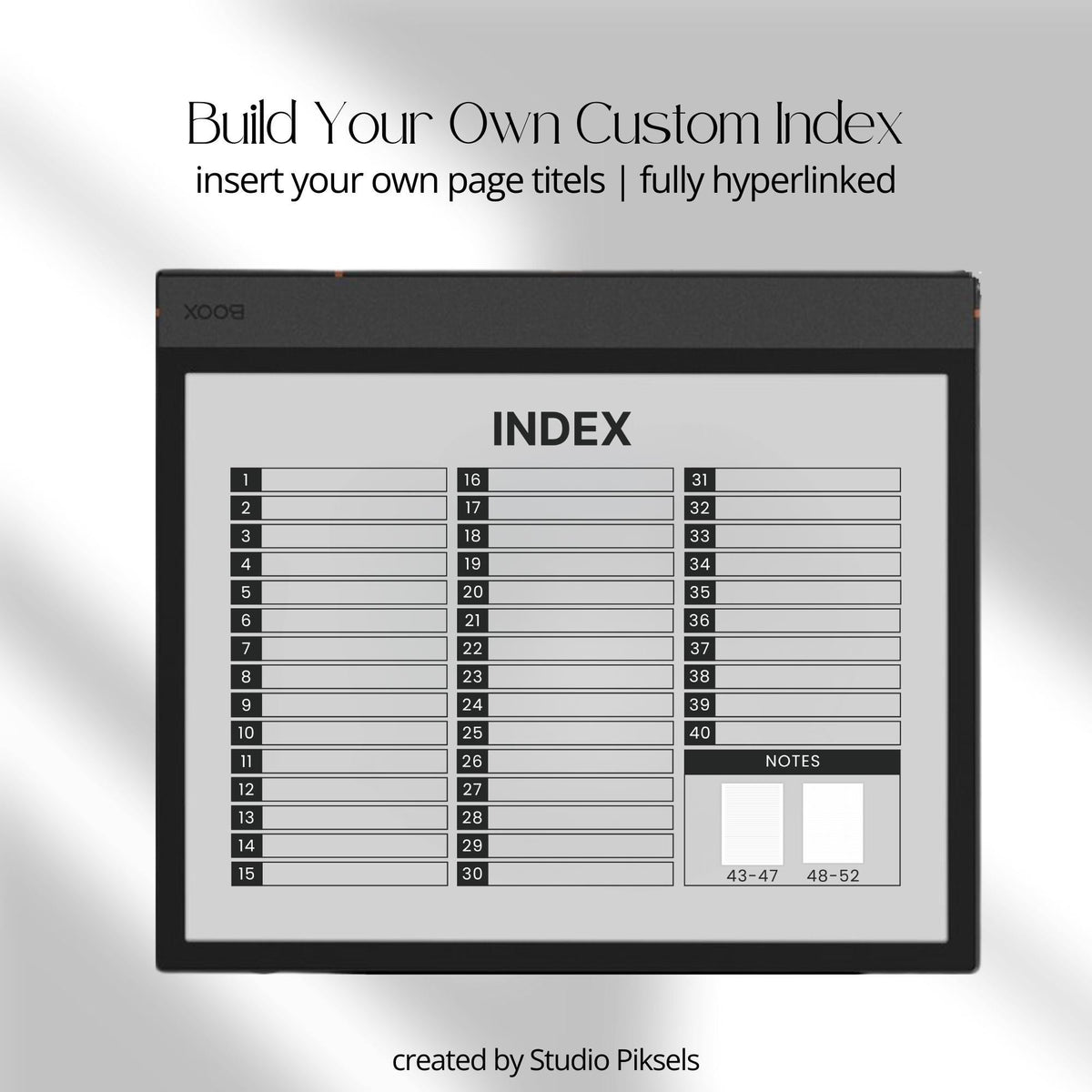 Meeting Minutes Notebook Bundle for BOOX with hyperlinked meeting note pages, customizable indexes, and professional grayscale layouts.