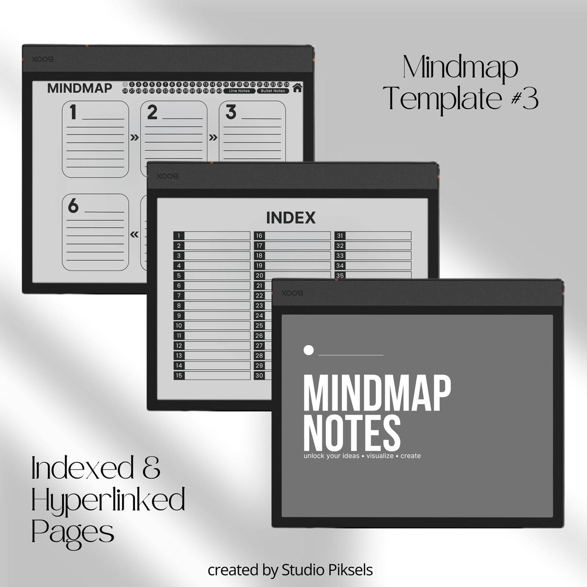Meeting Minutes Notebook Bundle for BOOX with hyperlinked meeting note pages, customizable indexes, and professional grayscale layouts.