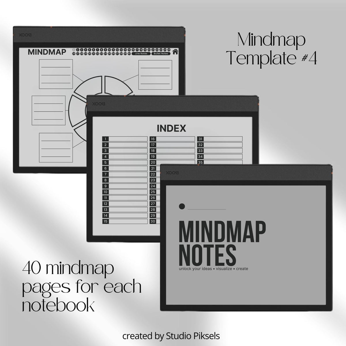 Meeting Minutes Notebook Bundle for BOOX with hyperlinked meeting note pages, customizable indexes, and professional grayscale layouts.