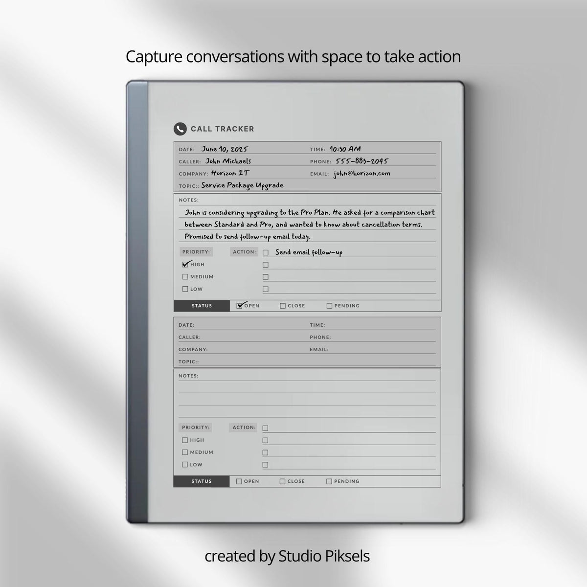 Keep your phone conversations organized, documented, and easy to reference with this Phone Call Tracker for reMarkable 2 and Paper Pure
