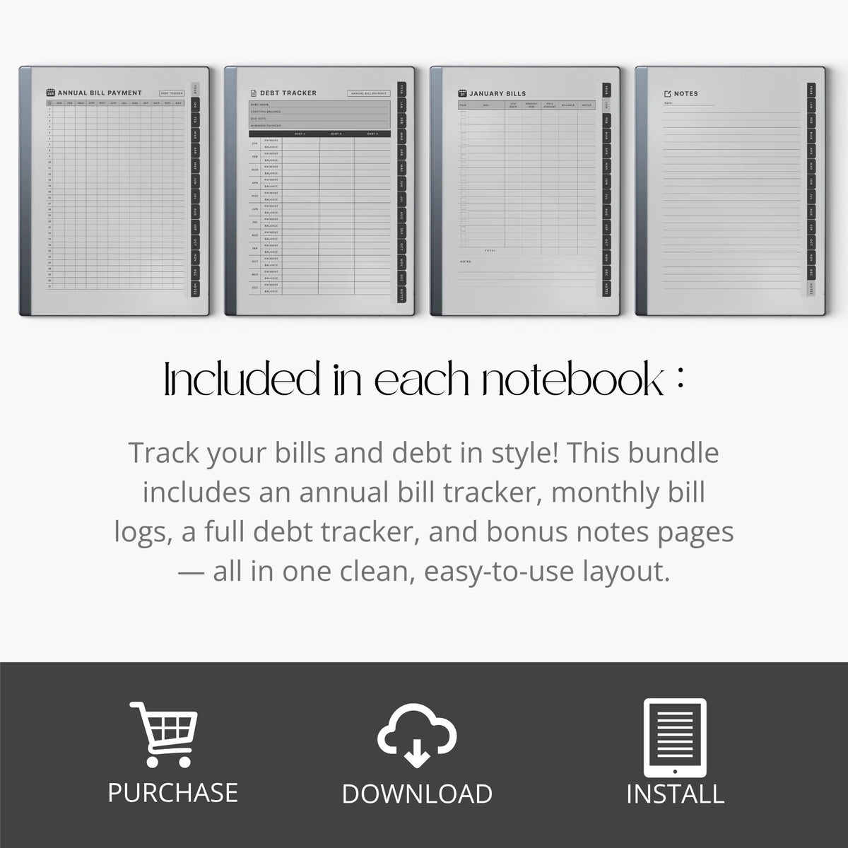 Spending Tracker PDF for reMarkable 1 and reMarkable 2 with annual bill tracker, debt log, and monthly budget pages.