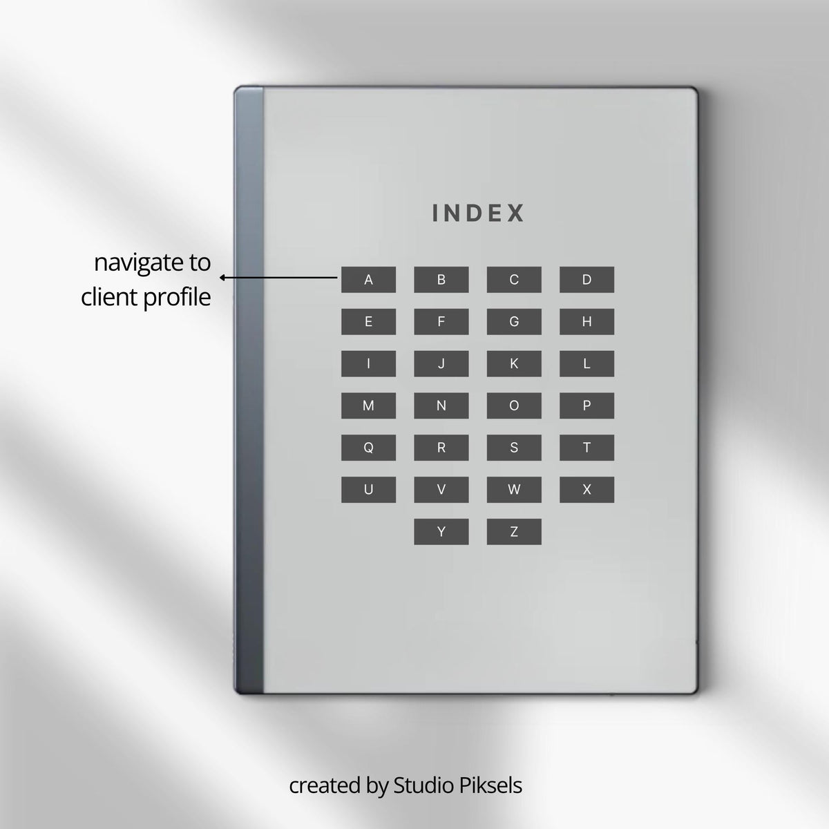 Client Record Book Bundle for reMarkable 2 and reMarkable Paper Pure featuring hyperlinked A–Z client tracking notebooks with reusable profile pages and minimalist grayscale layouts