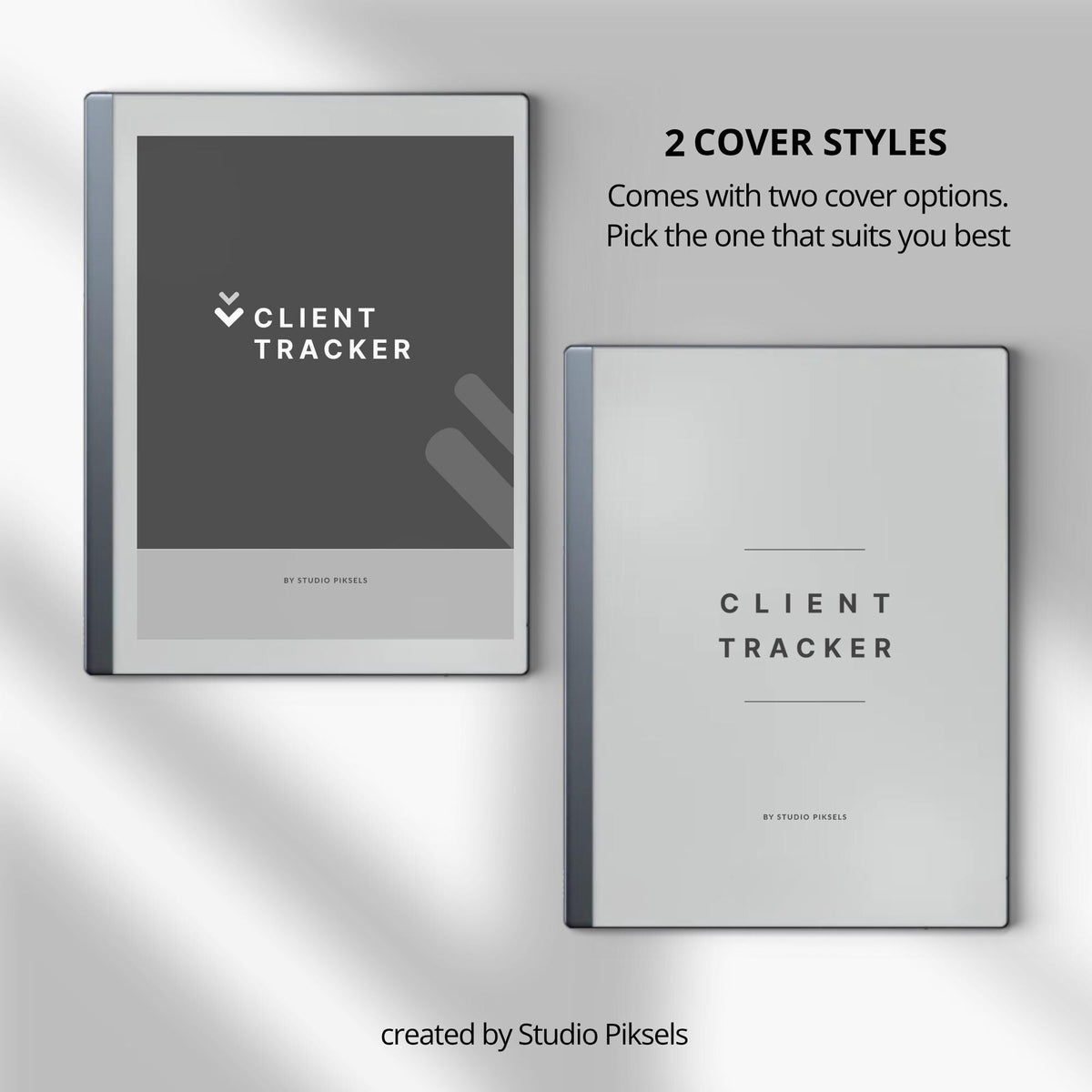 Client Record Book Bundle for reMarkable 2 and reMarkable Paper Pure featuring hyperlinked A–Z client tracking notebooks with reusable profile pages and minimalist grayscale layouts