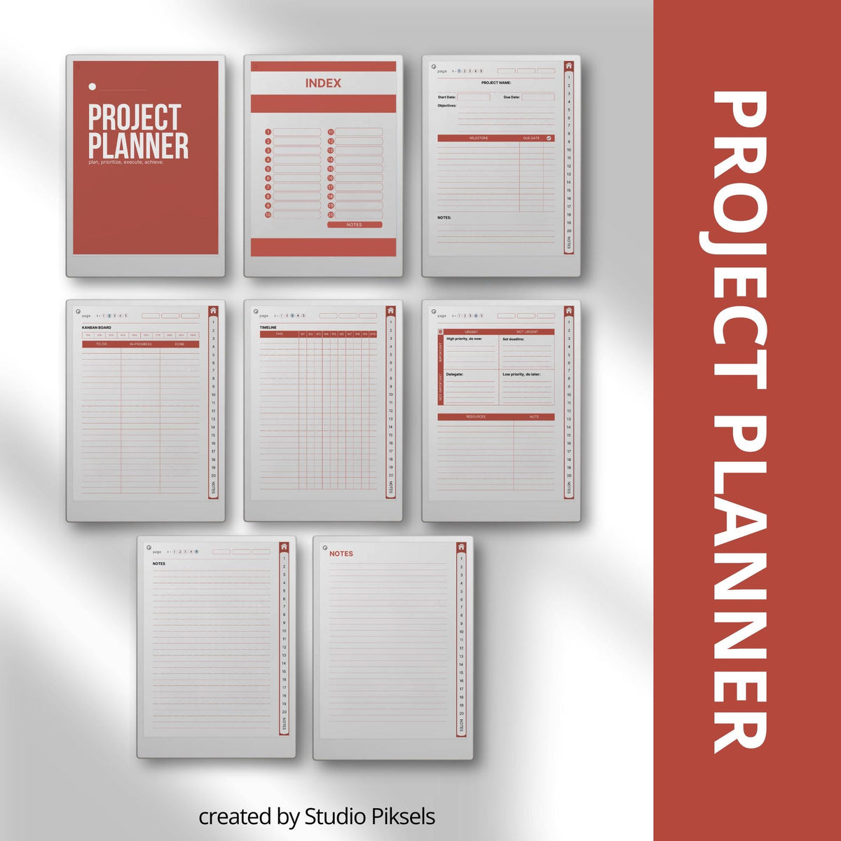 Project Planner for reMarkable Paper Pro with hyperlinked workflow pages, Kanban boards, Eisenhower Matrix layouts, timeline planners, and digital productivity tools.