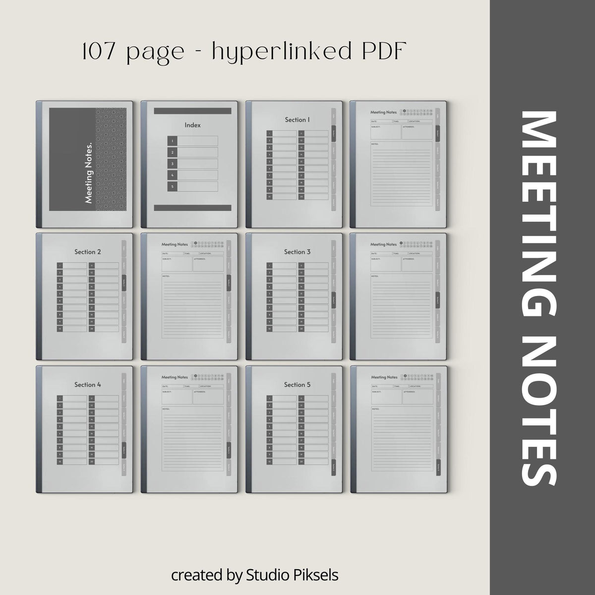 Meeting Minutes Notebook Bundle PDF for reMarkable 2 and Paper Pure with grayscale meeting pages, clickable navigation, and structured note templates