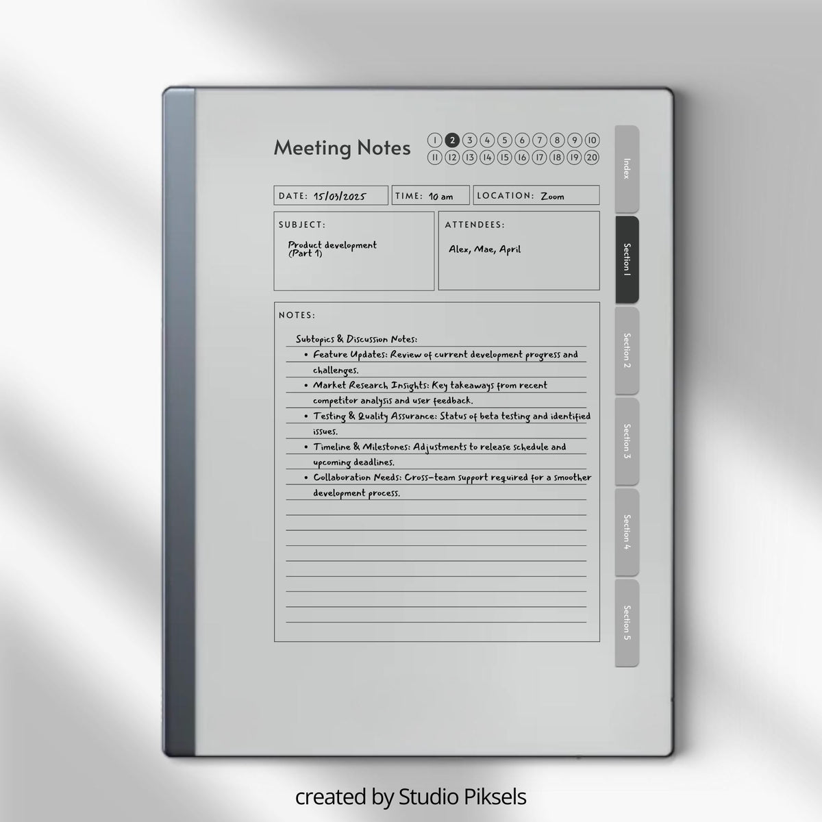 Meeting Minutes Notebook Bundle PDF for reMarkable 2 and Paper Pure with grayscale meeting pages, clickable navigation, and structured note templates