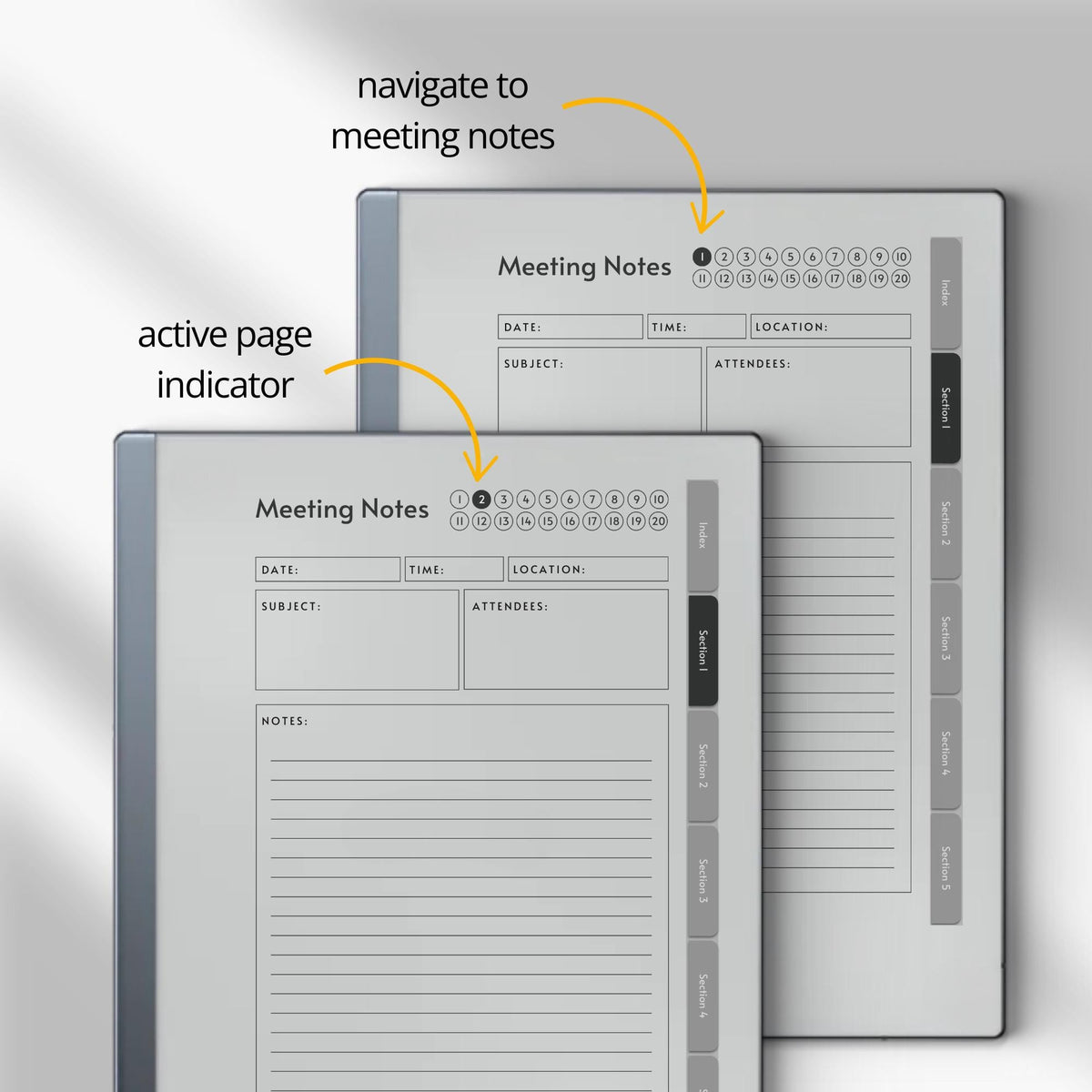 Meeting Minutes Notebook Bundle PDF for reMarkable 2 and Paper Pure with grayscale meeting pages, clickable navigation, and structured note templates