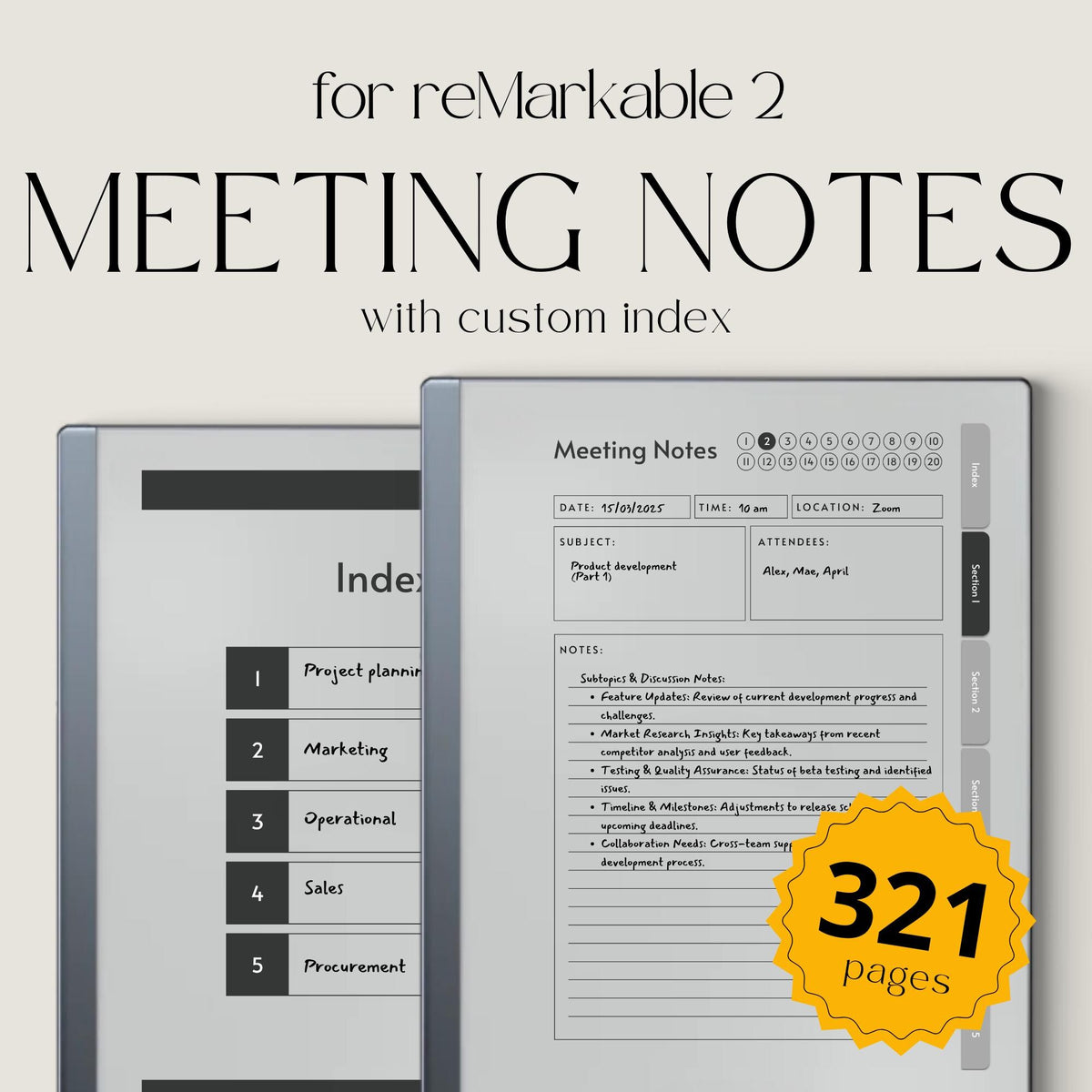 Meeting Minutes Notebook Bundle PDF for reMarkable 2 and Paper Pure with grayscale meeting pages, clickable navigation, and structured note templates