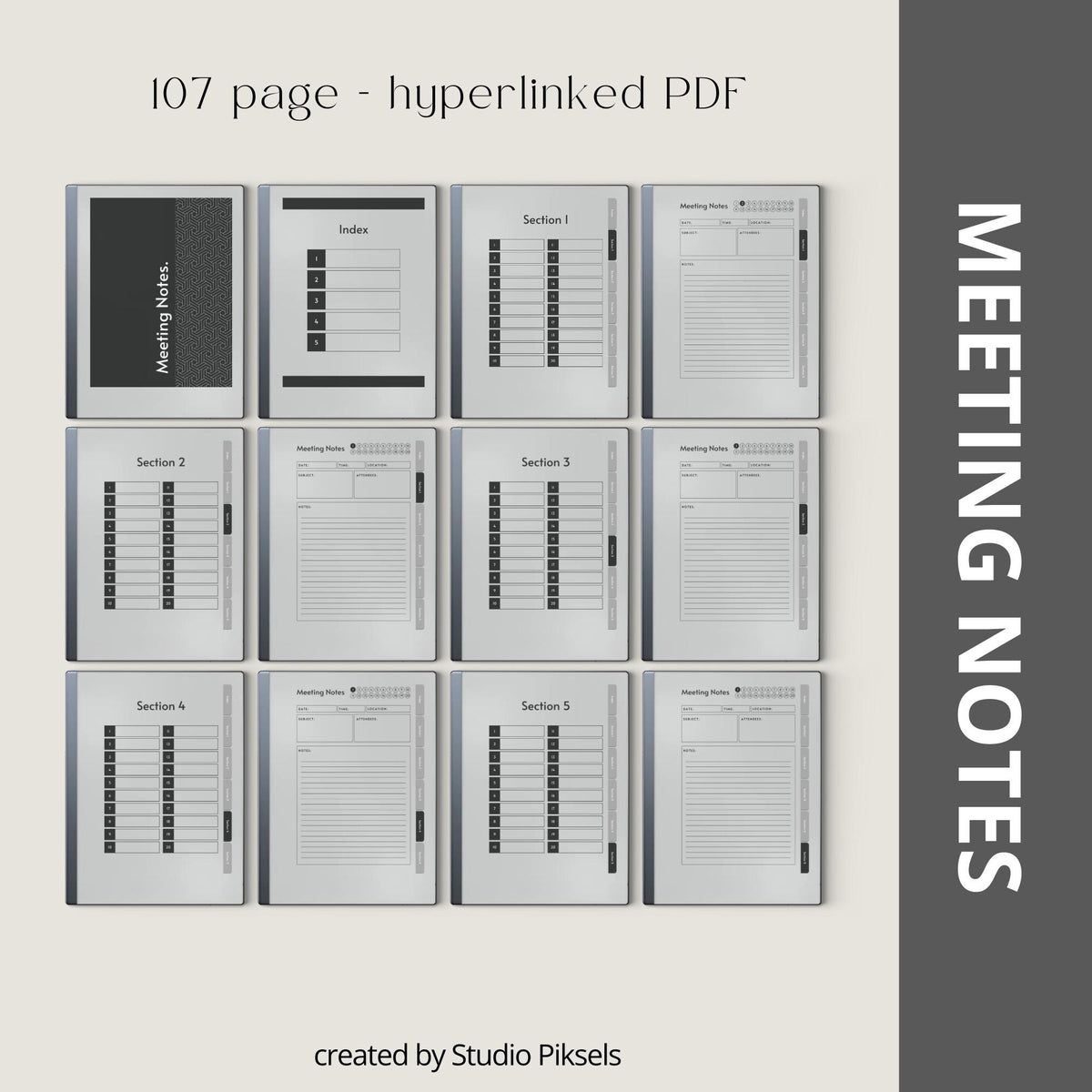 Meeting Minutes Notebook Bundle PDF for reMarkable 2 and Paper Pure with grayscale meeting pages, clickable navigation, and structured note templates