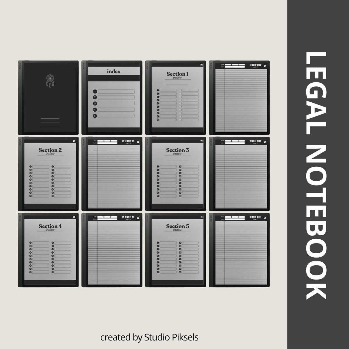 Legal Pad Notebook Bundle for BOOX with hyperlinked digital notebooks, legal pad note pages, and light and dark grayscale layouts.