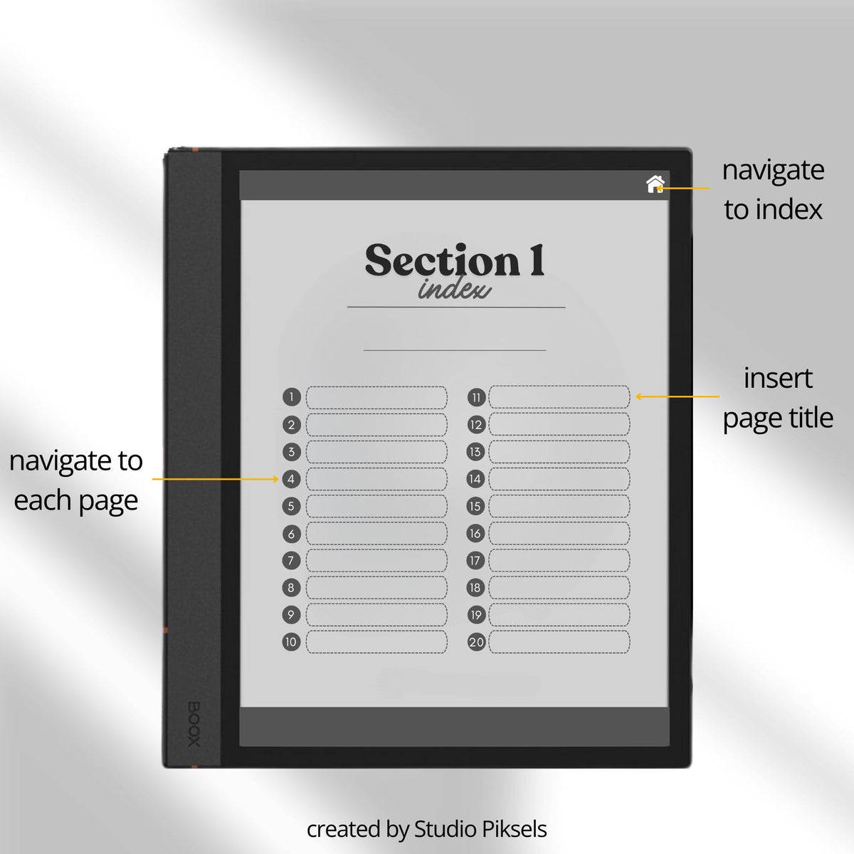 Legal Pad Notebook Bundle for BOOX with hyperlinked digital notebooks, legal note pages, customizable indexes, and grayscale layouts for organization.