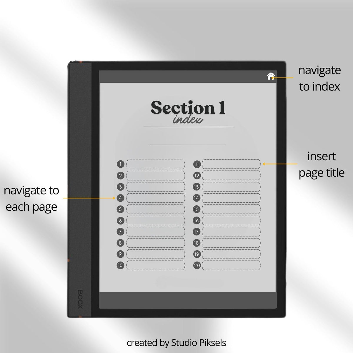 Legal Pad Notebook Bundle for BOOX with hyperlinked digital notebooks, legal pad note pages, and light and dark grayscale layouts.