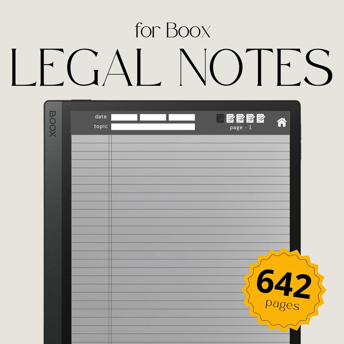 Legal Pad Notebook Bundle for BOOX with hyperlinked digital notebooks, legal note pages, customizable indexes, and grayscale layouts for organization.