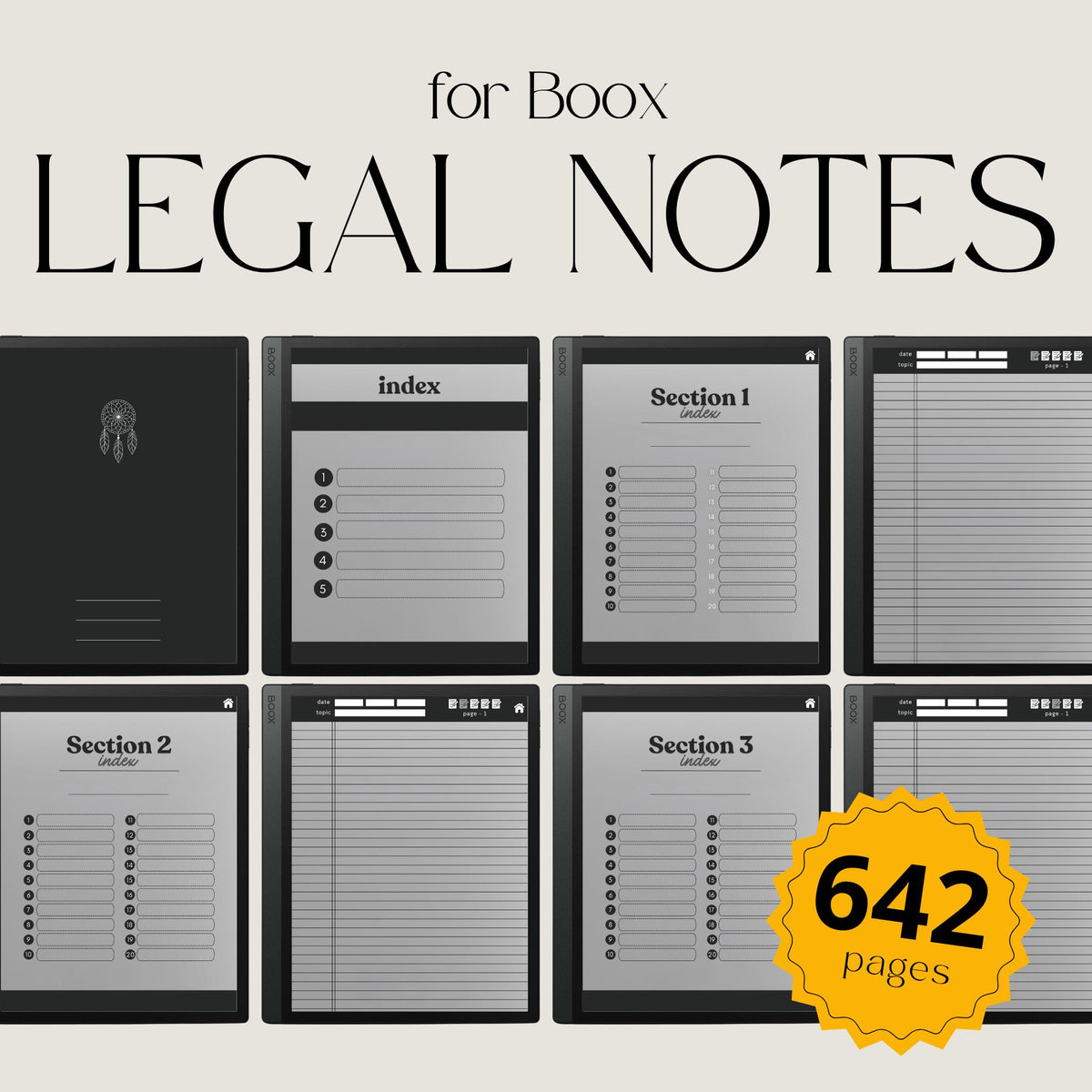 Legal Pad Notebook Bundle for BOOX with hyperlinked digital notebooks, legal pad note pages, and light and dark grayscale layouts.