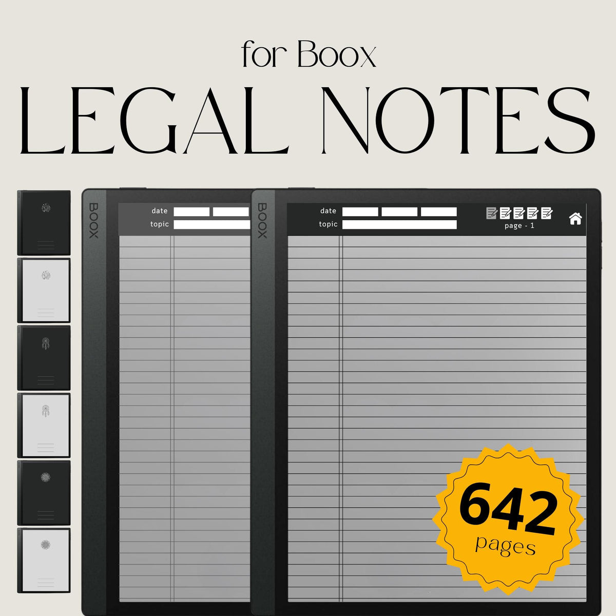 Legal Pad Notebook Bundle for BOOX with hyperlinked digital notebooks, legal pad note pages, and light and dark grayscale layouts.
