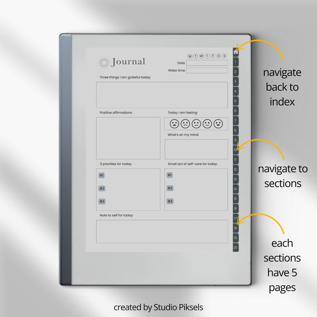 Morning Journal Bundle PDF for reMarkable 2 and Paper Pure with grayscale reflection pages, gratitude prompts, and hyperlinked navigation