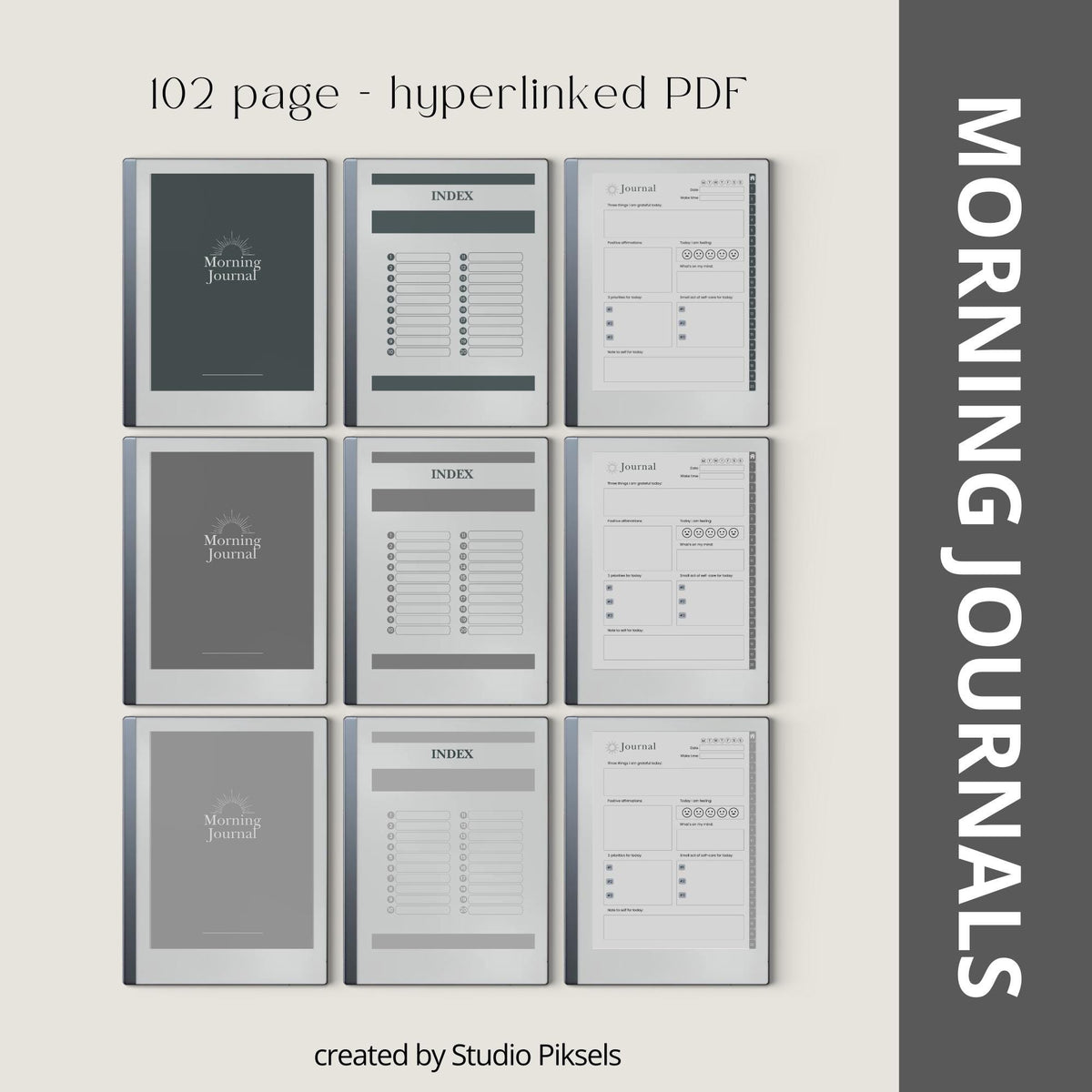 Morning Journal Bundle PDF for reMarkable 2 and Paper Pure with grayscale reflection pages, gratitude prompts, and hyperlinked navigation