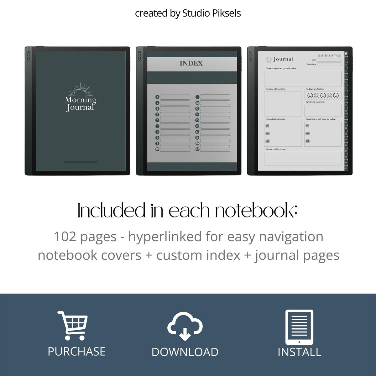 Morning Journal Bundle for BOOX with hyperlinked gratitude pages, mindfulness prompts, and grayscale digital journaling layouts.