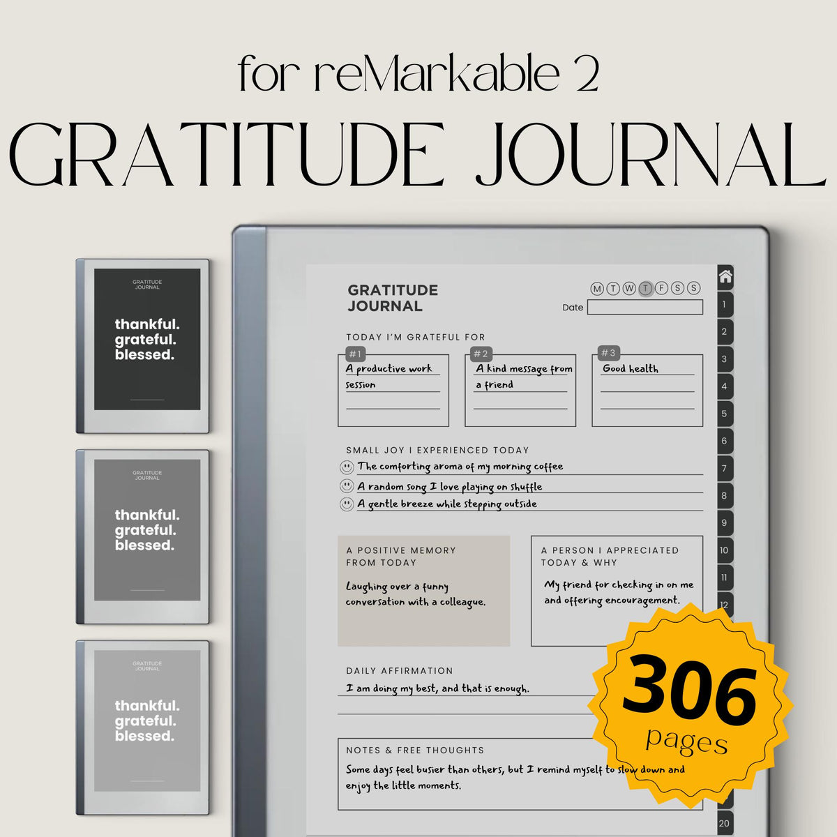 Gratitude Journal Bundle PDF for reMarkable 2 and Paper Pure with grayscale mindfulness pages, gratitude prompts, and hyperlinked navigation
