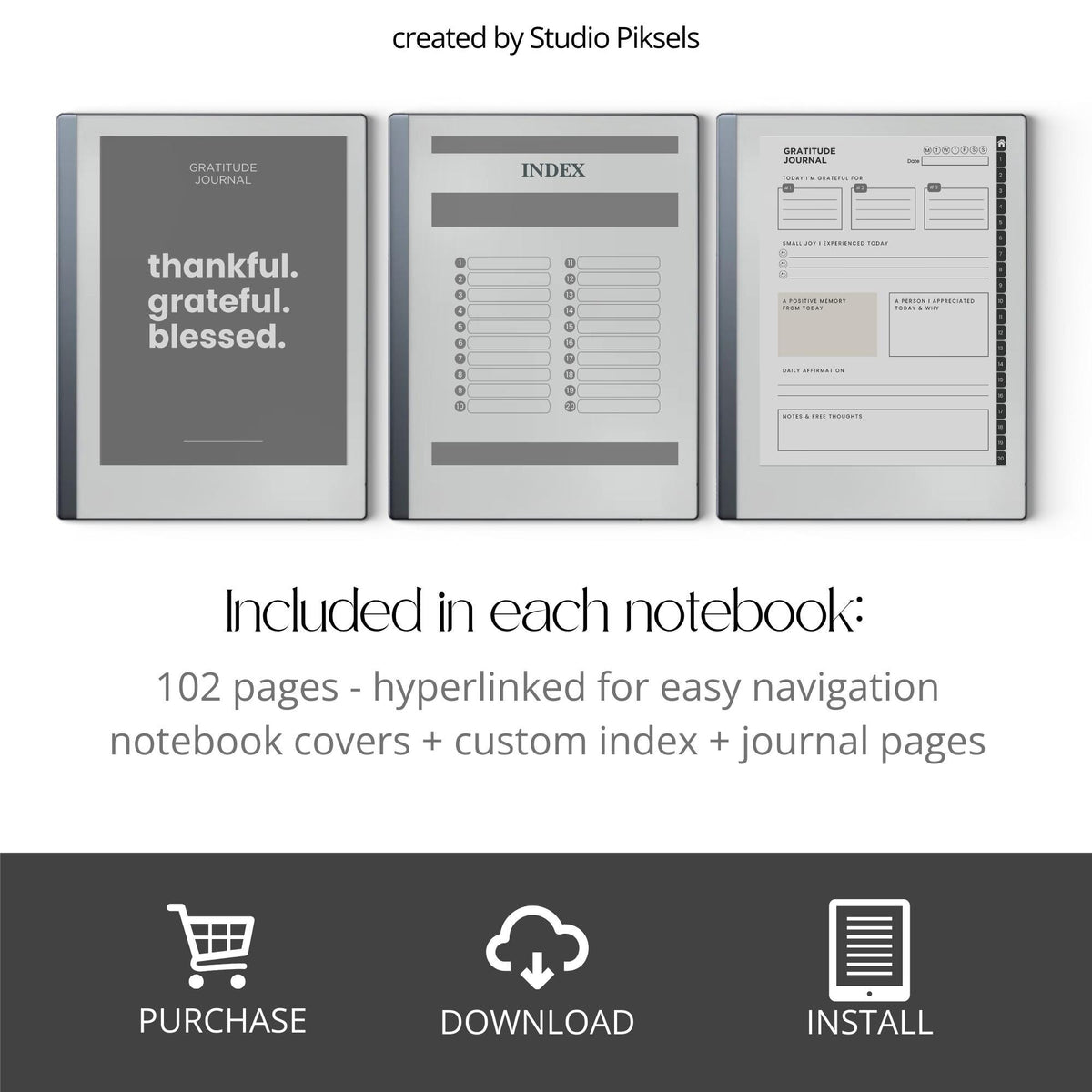 Gratitude Journal Bundle PDF for reMarkable 2 and Paper Pure with grayscale mindfulness pages, gratitude prompts, and hyperlinked navigation