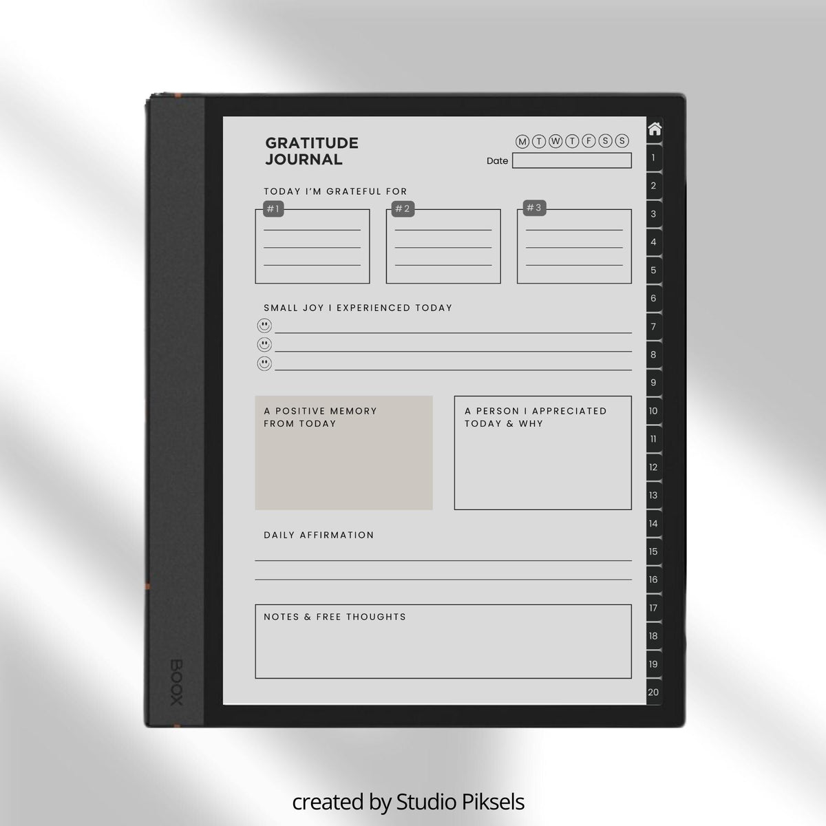 Gratitude Journal Bundle for BOOX with hyperlinked gratitude pages, mindfulness prompts, and grayscale digital reflection journals.